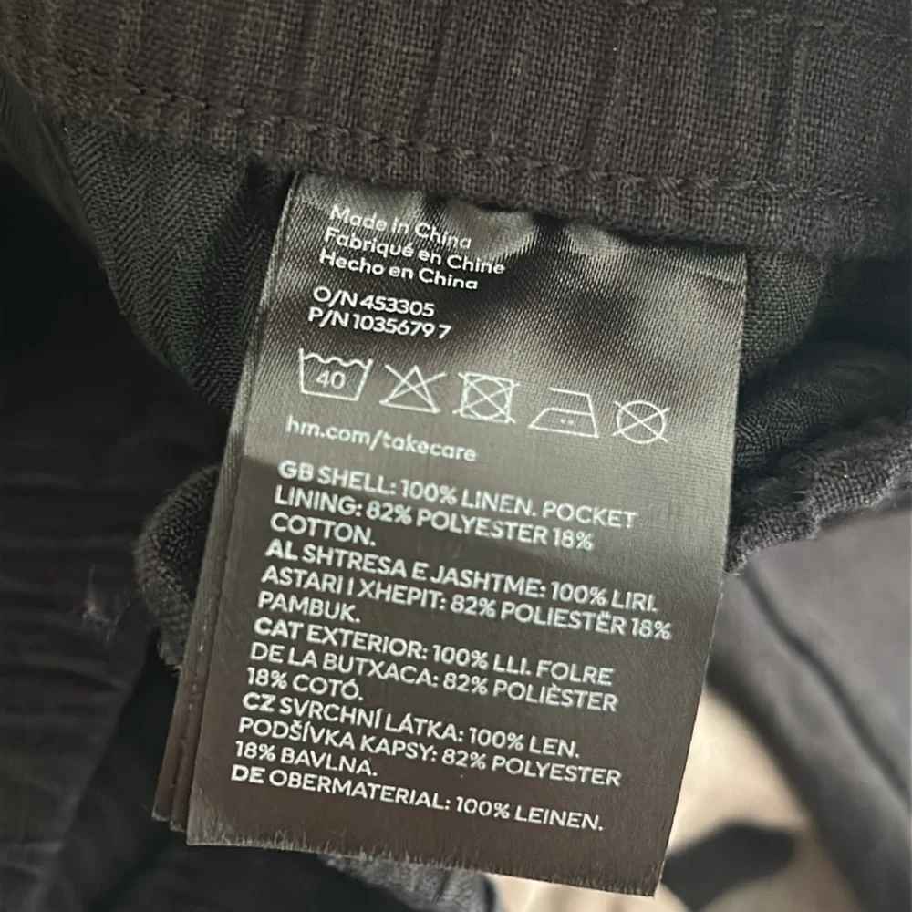 H&M Regular Fit Elastic Waist Linen Pull On Pants with Pockets in Black - XL